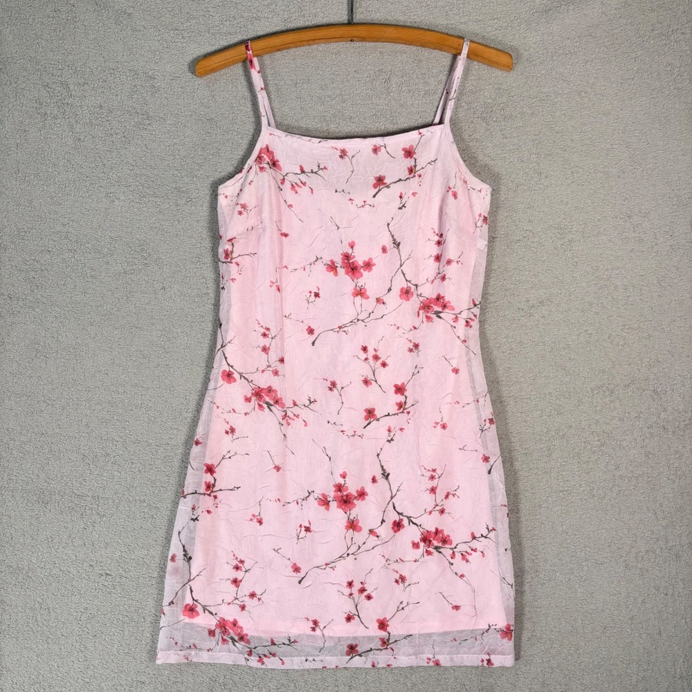 Vintage Byer California Mini Dress Size S Pink Floral Chiffon Spaghetti Strap